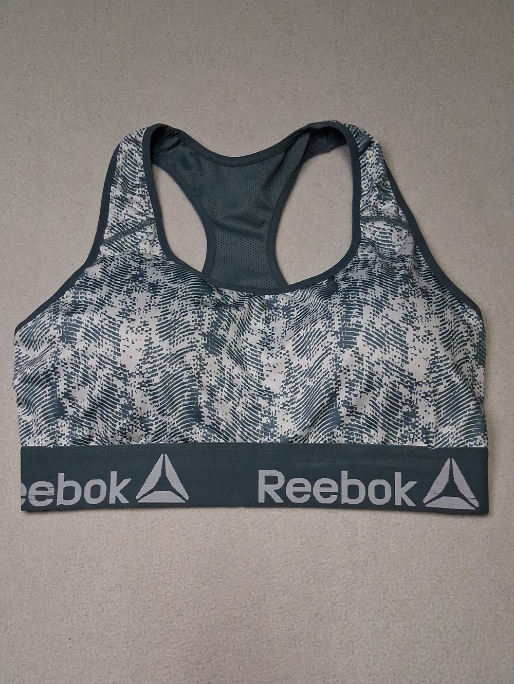 Reebok Teal and White Patterned Racerback Swim Bikini Top